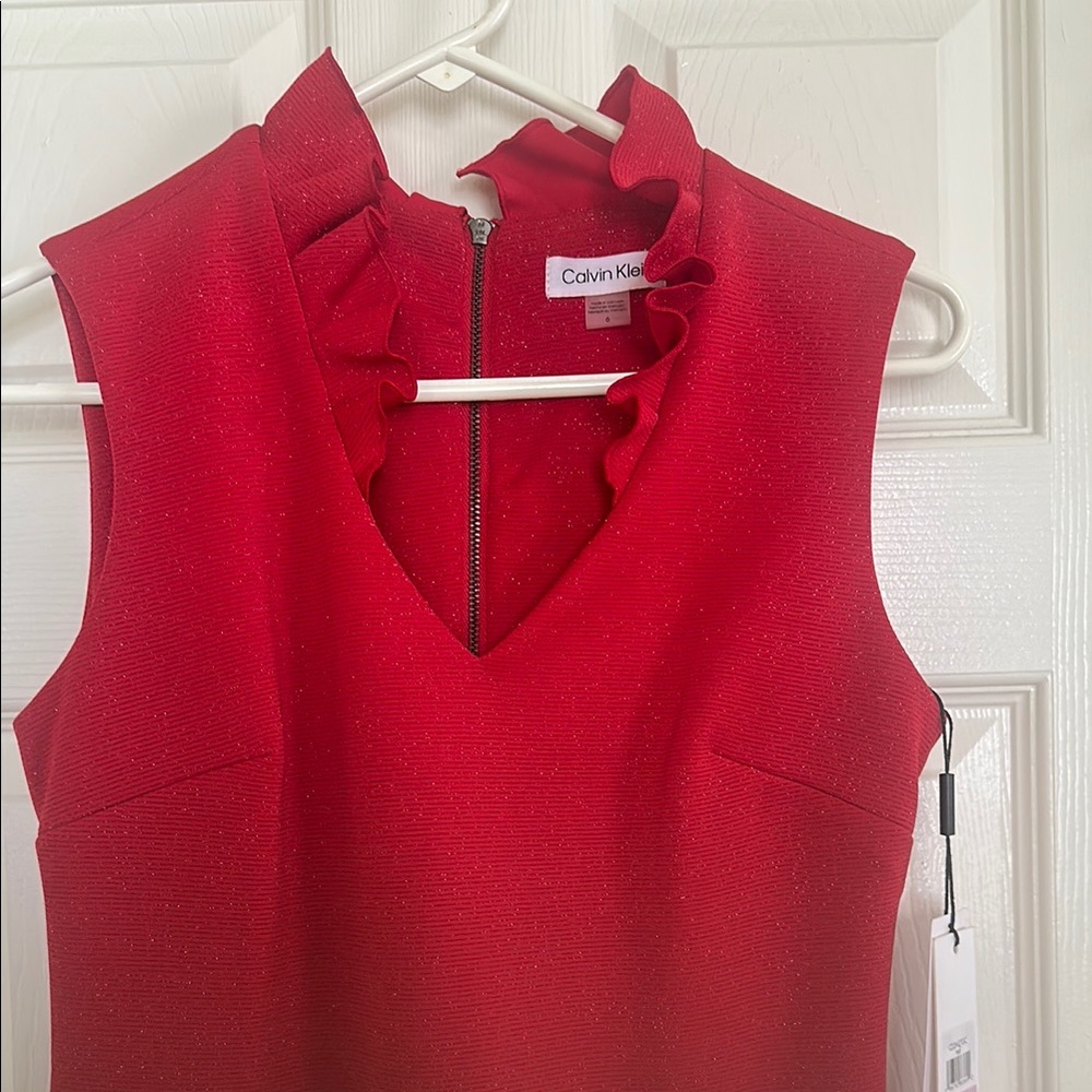 Calvin Klein Vibrant Red Dress with Ruffle Collar - Picture 4 of 4